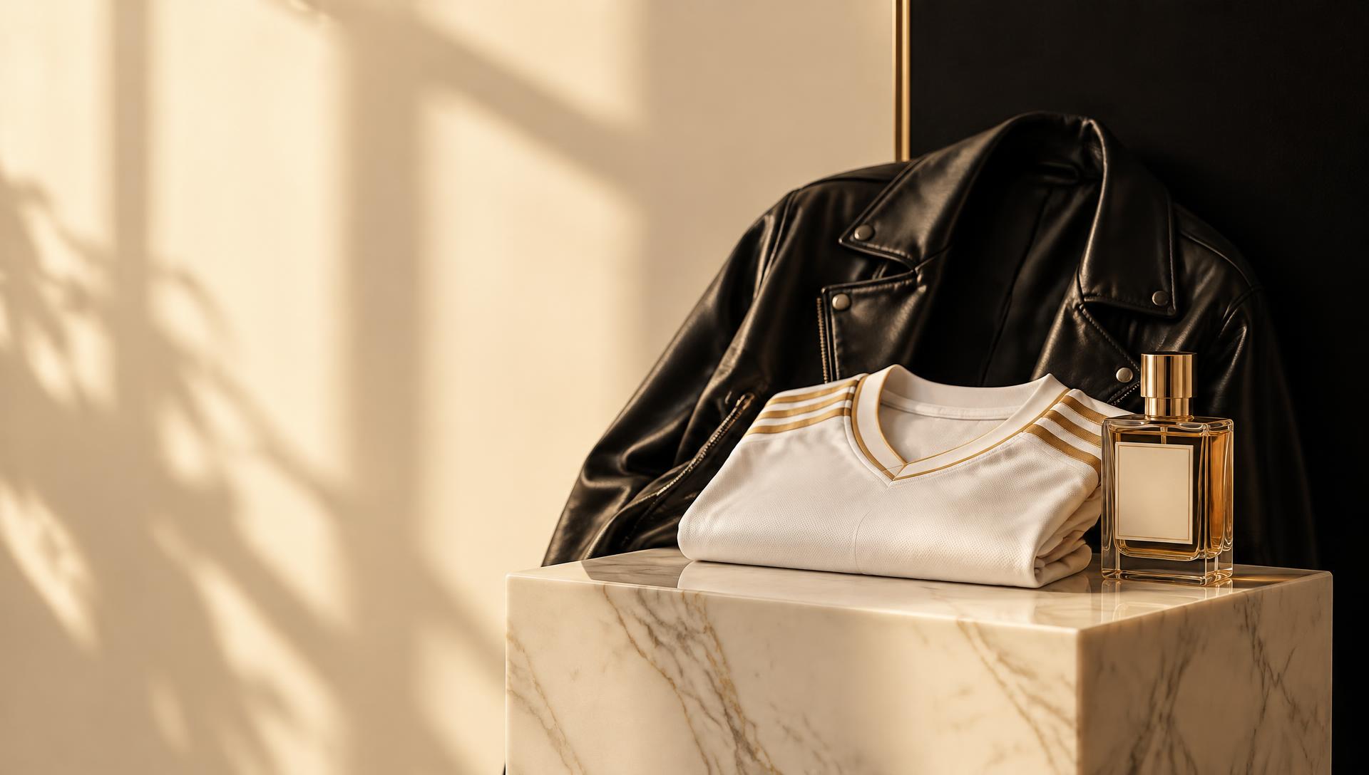 Jaqueta de couro, camisa e perfume sobre pedestal de mármore